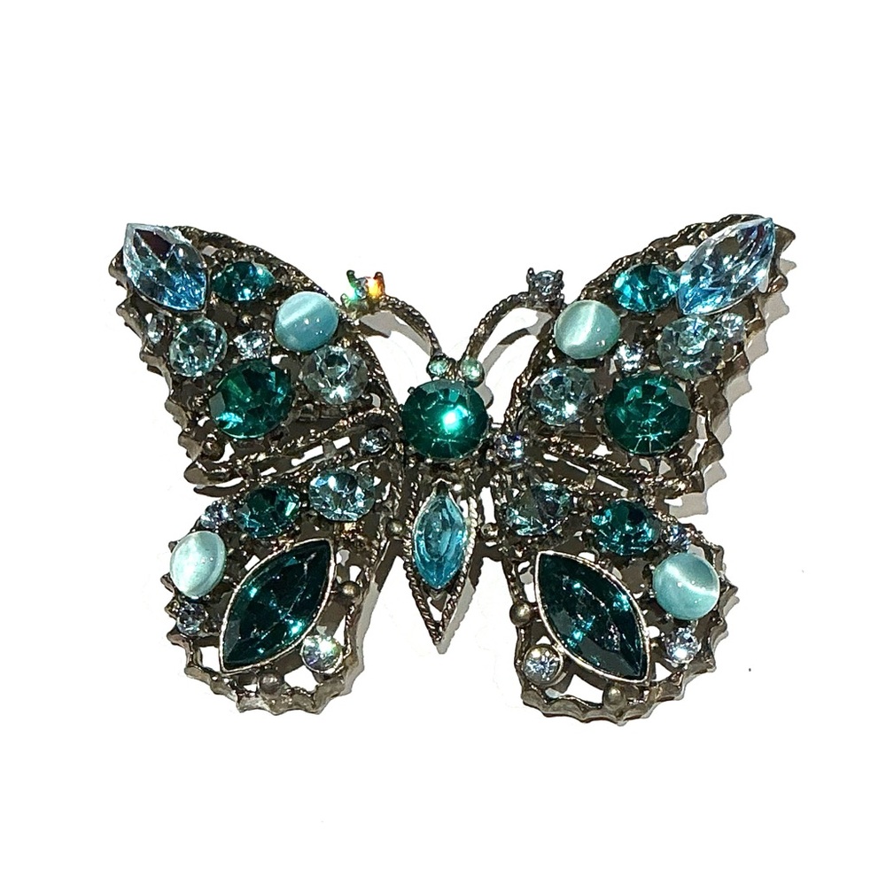 Vintage Butterfly Brooch with Green and Blue Gems